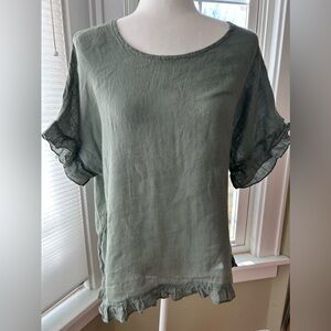 Fly Made in Italy Top Linen Women's Olive Green Ruffle Sleeve Shirt Size M/L